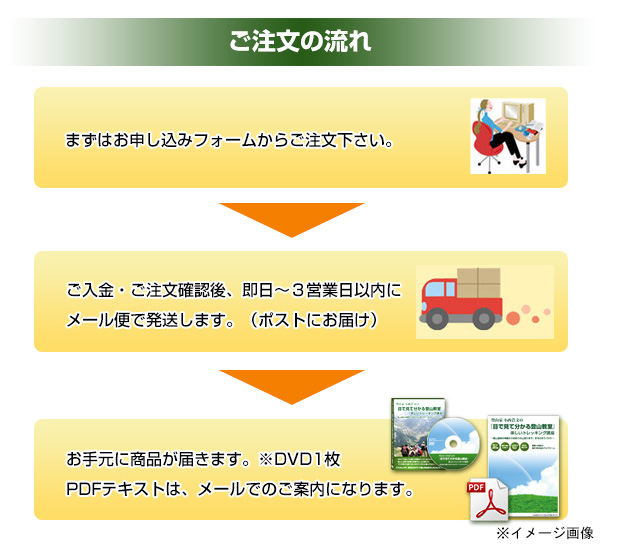 ご注文の流れ　まずはお申し込みフォームからご注文ください。→ご入金・ご注文確認後、即日～3営業日以内に宅配便で発送します。→お手元に商品が届きます。